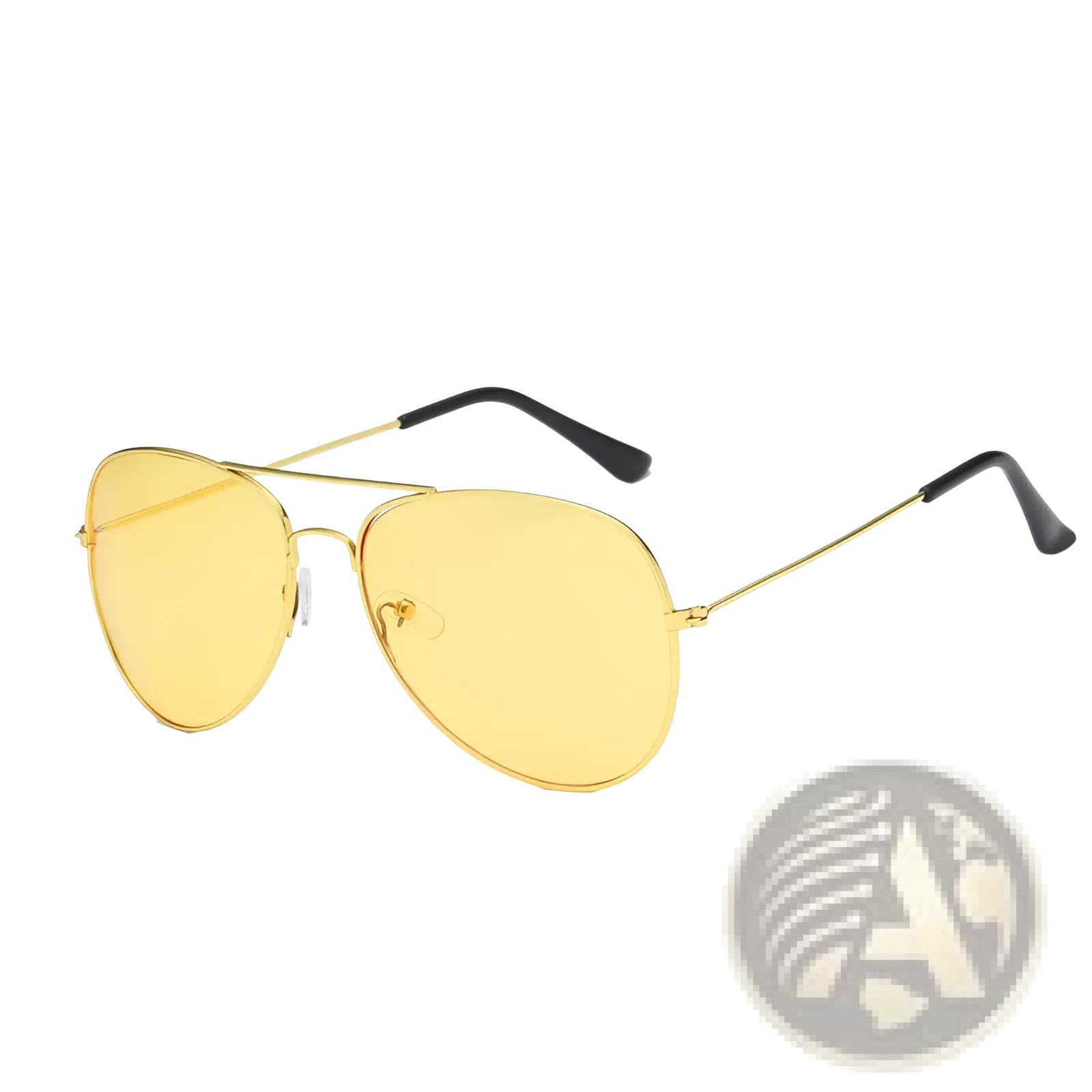 Classic unisex metal aviator sunglasses with gold rims yellow tinted lenses black temple tips and uv protection