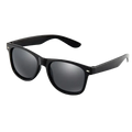 Black plastic-framed classic unisex sunglasses with dark gray mirrored acrylic lenses highlighting optical attribute