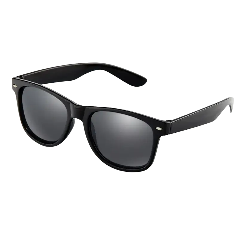 Black plastic-framed classic unisex sunglasses with dark gray mirrored acrylic lenses highlighting optical attribute