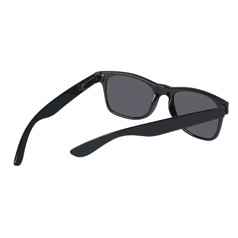 Classic unisex sunglasses with black plastic frame and dark gray acrylic lenses featuring optical attribute design