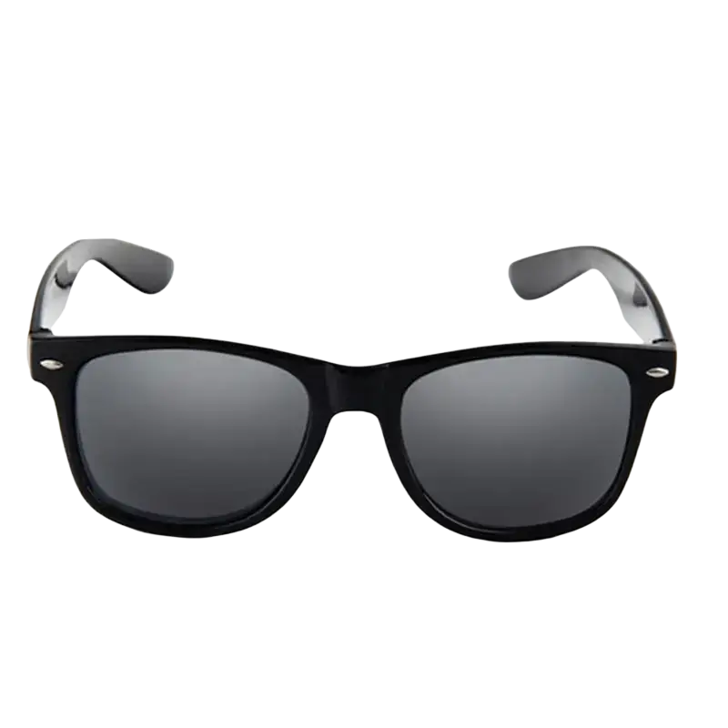 Classic unisex sunglasses with black plastic frames and dark gray mirrored acrylic lenses featuring a classic design