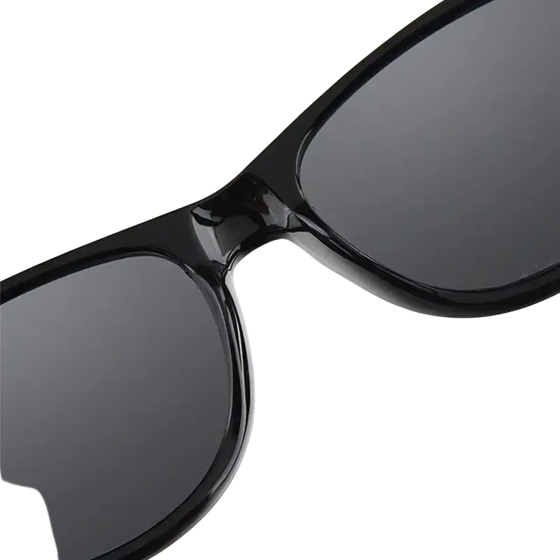Classic unisex sunglasses with black plastic frame and dark gray acrylic lenses featuring optical attribute design