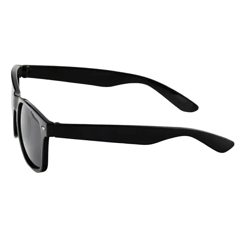 Black plastic-framed classic unisex sunglasses with dark acrylic lenses showcasing optical attribute design