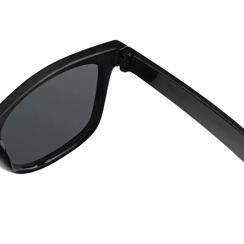 Black rectangular classic unisex sunglasses with acrylic lenses and a glossy plastic frame featuring optical attributes