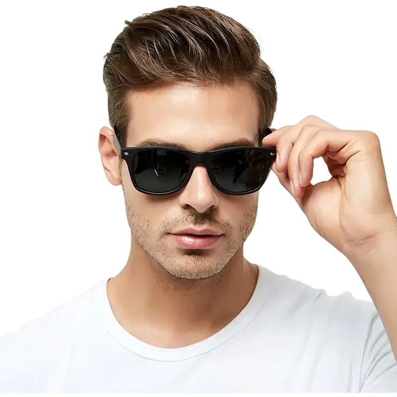 Black rectangular-framed classic unisex sunglasses with acrylic lenses featuring durable optical attributes