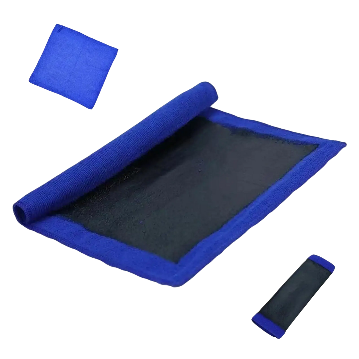 Blue clay bar towel with textured fabric and black mesh center partially rolled in compact carrying case for car detailing