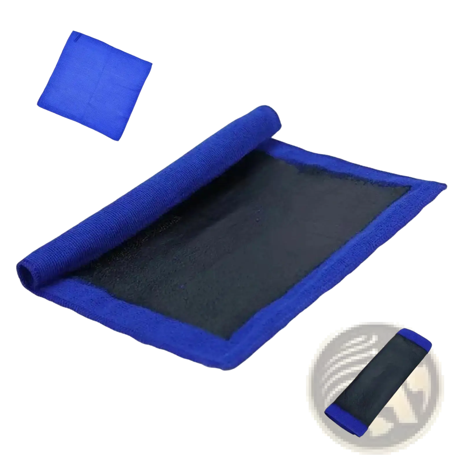 Blue clay bar towel with textured fabric and black mesh center partially rolled in compact carrying case for car detailing