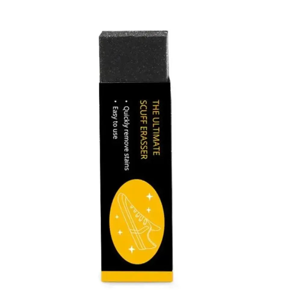 The ultimate scuff eraser is a black rectangular suede and leather cleaning tool with a yellow label showing a shoe illustration