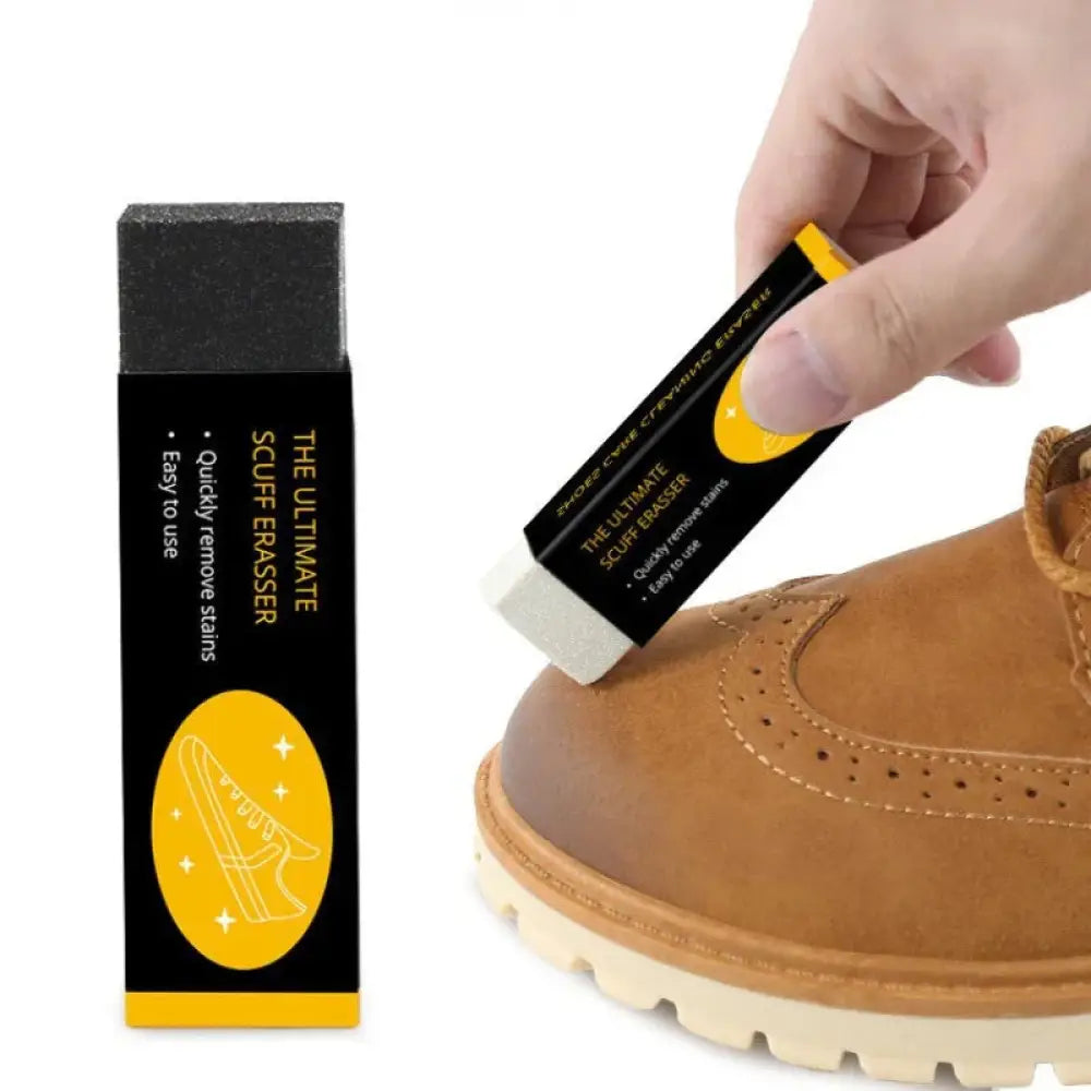 Black and yellow suede and leather shoe scuff eraser with white rubber tip for quickly removing leather stains