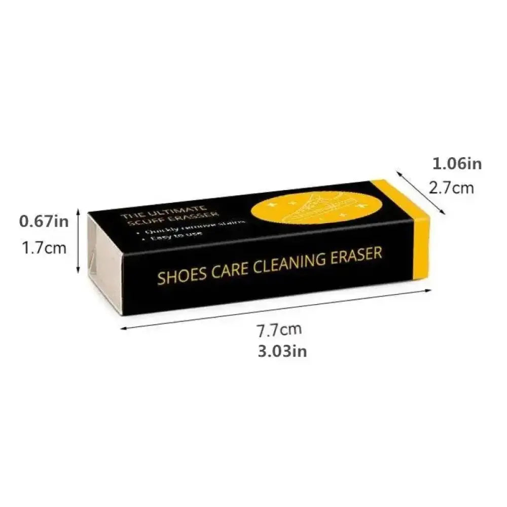 Black and yellow rectangular suede and leather shoe scuff eraser box labeled shoes care cleaning eraser with gold text