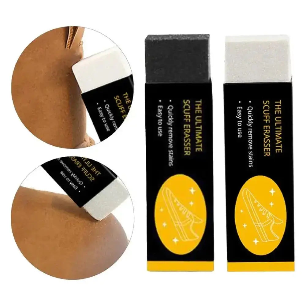 Suede and leather shoe scuff eraser with black and yellow packaging and white rubber tip for quick stain removal