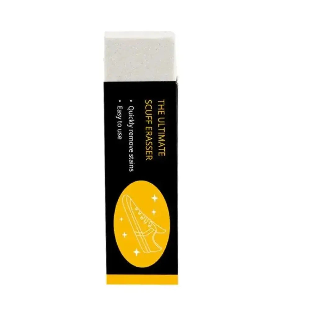 The ultimate scuff eraser is a white rectangular eraser in sleek black and yellow packaging for suede and leather shoes