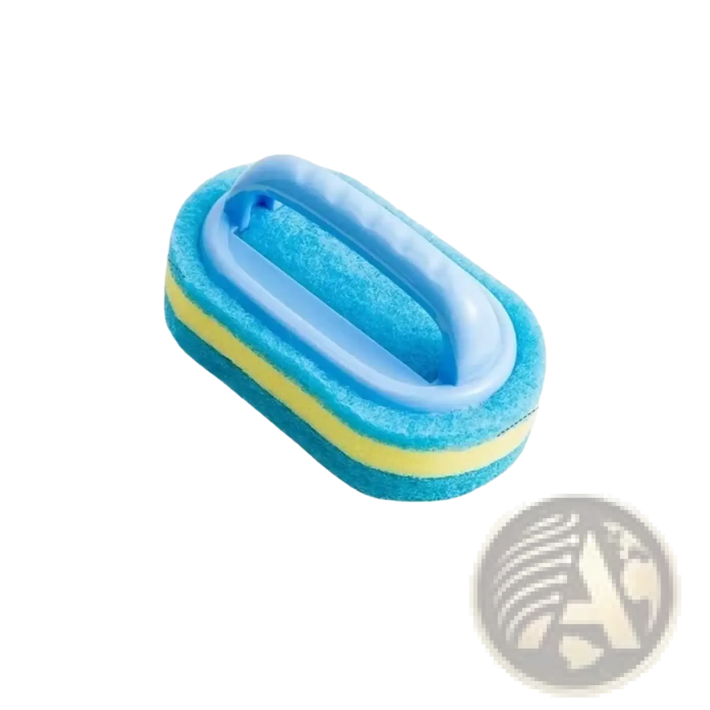 Cleaning sponge with molded plastic handle featuring blue and yellow sponge scrubber for effective cleaning tasks