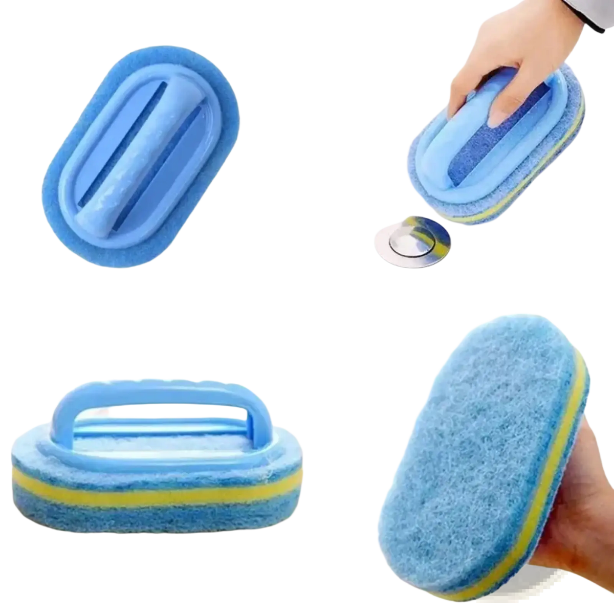 Cleaning sponge with molded plastic handle featuring a blue oval-shaped sponge and yellow trim for easy scrubbing