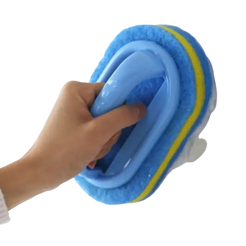 Cleaning sponge with handle featuring blue and yellow sponge scrubber and plastic handle for easy cleaning use