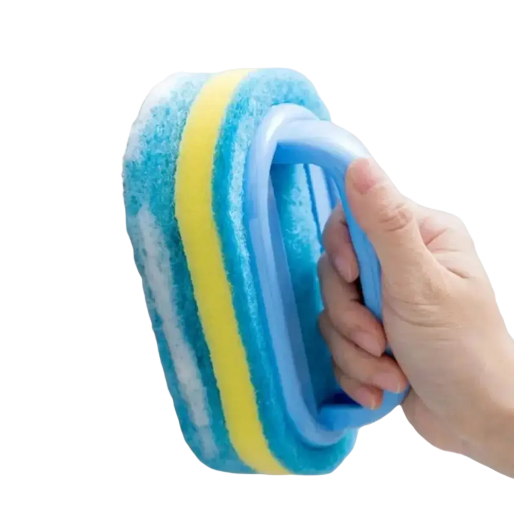 Cleaning sponge with handle featuring a blue and yellow sponge and a molded plastic handle for effective scrubbing