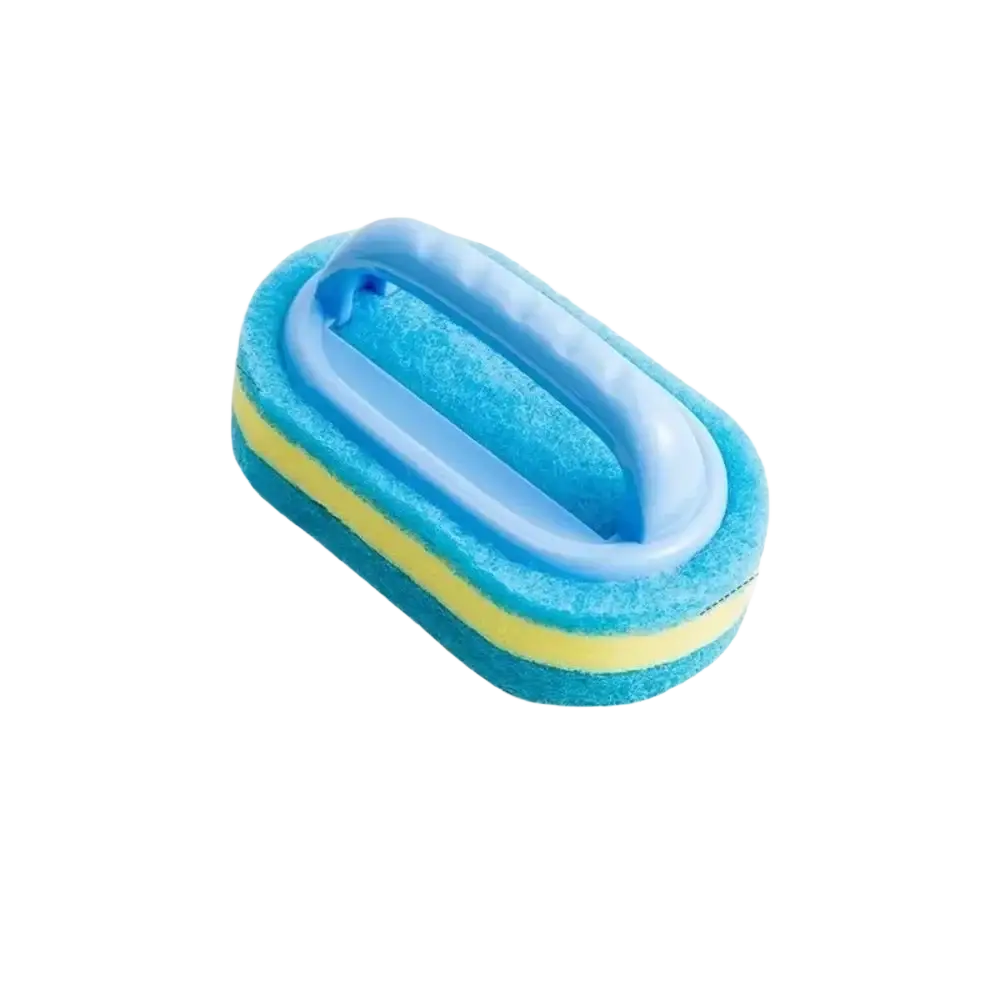 Cleaning sponge with molded plastic handle featuring blue and yellow sponge scrubber for effective cleaning tasks