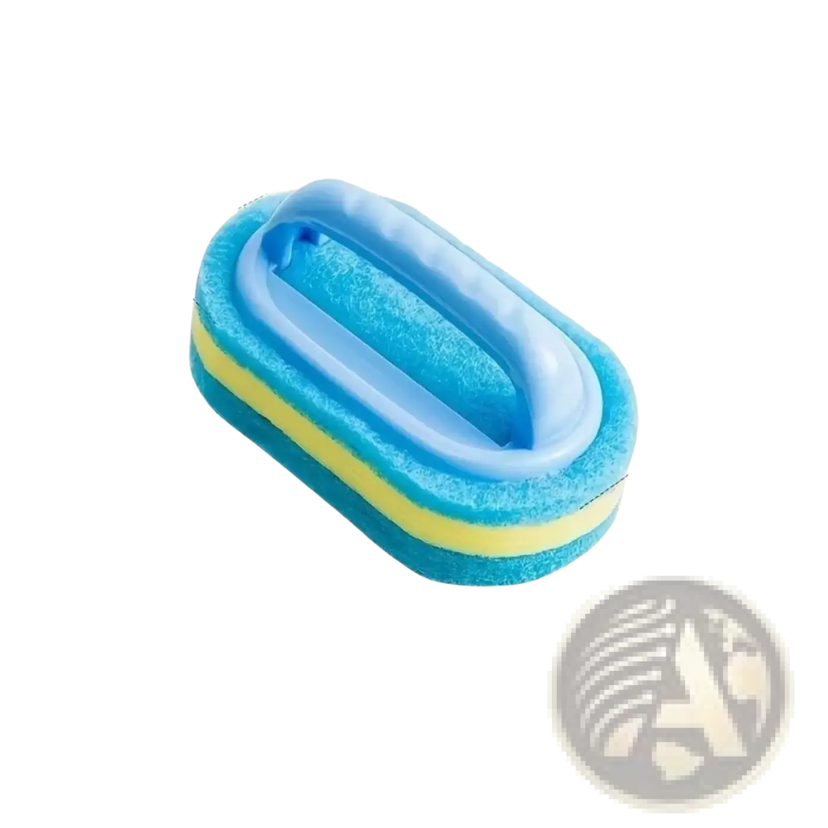 Cleaning sponge with handle featuring a blue and yellow dual-layer sponge and molded plastic handle for easy scrubbing