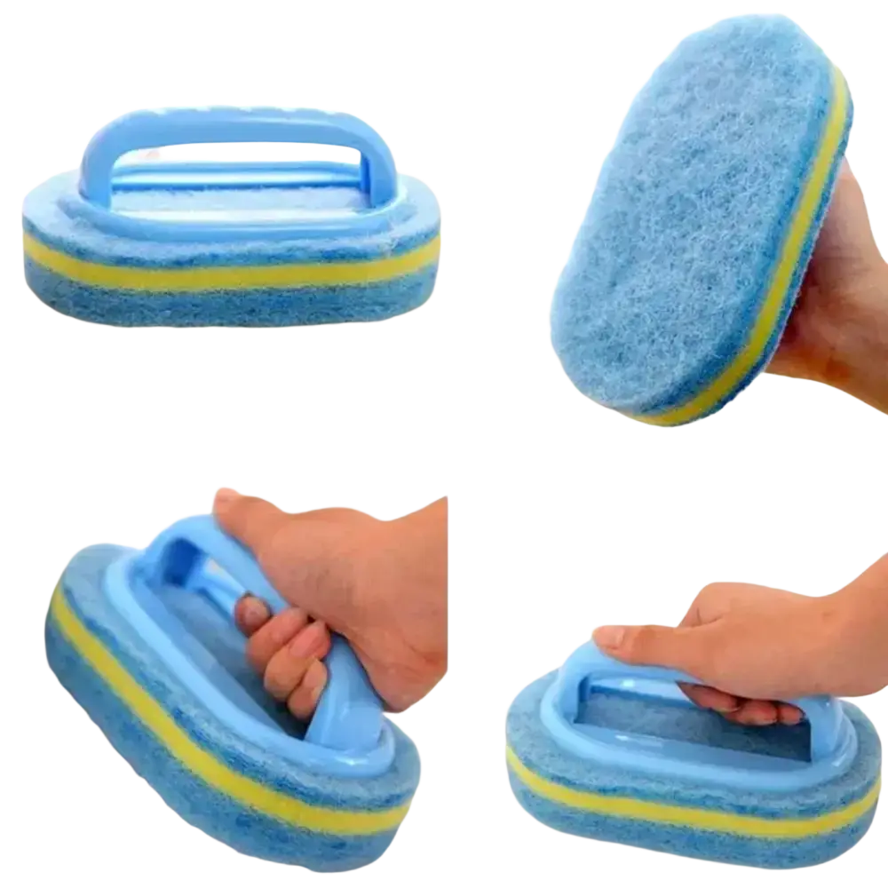 Cleaning sponge with handle featuring blue and yellow dual-sided sponge and a plastic handle for efficient scrubbing