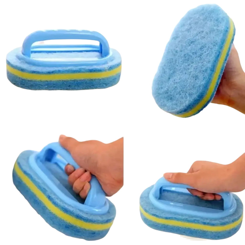 Cleaning sponge with handle featuring blue and yellow dual-sided sponge and a plastic handle for efficient scrubbing
