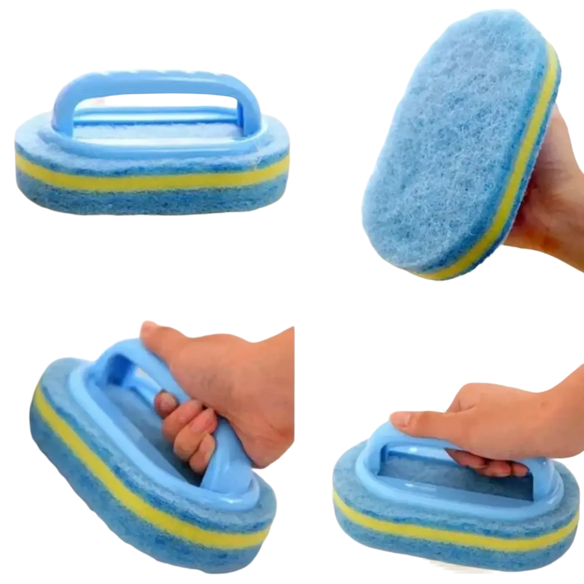 Cleaning sponge with handle featuring blue and yellow dual-sided sponge and a plastic handle for efficient scrubbing