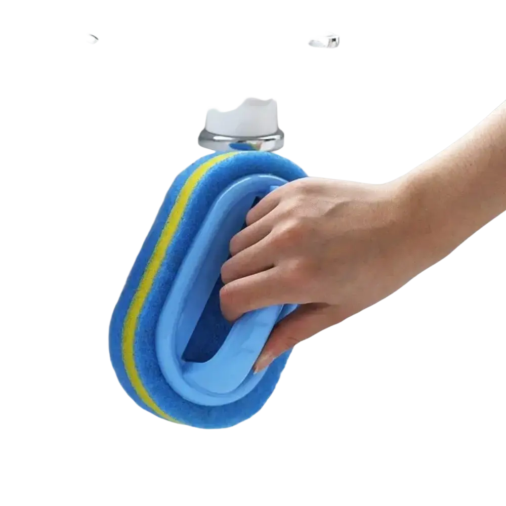 Cleaning sponge with handle featuring a blue and yellow oval-shaped sponge and a flexible plastic handle for bathroom cleaning