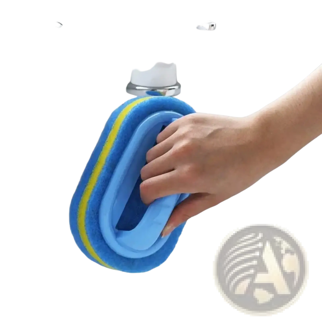 Cleaning sponge with handle featuring a blue and yellow oval-shaped sponge and a flexible plastic handle for bathroom cleaning