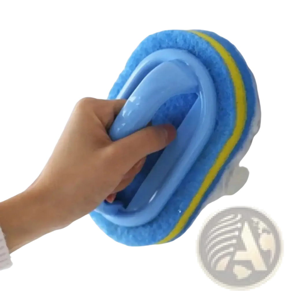 Cleaning sponge with handle featuring blue and yellow sponge scrubber and plastic handle for easy cleaning use