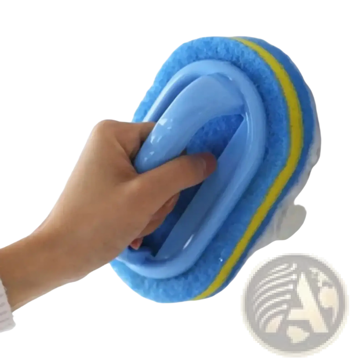 Cleaning sponge with handle featuring blue and yellow sponge scrubber and plastic handle for easy cleaning use