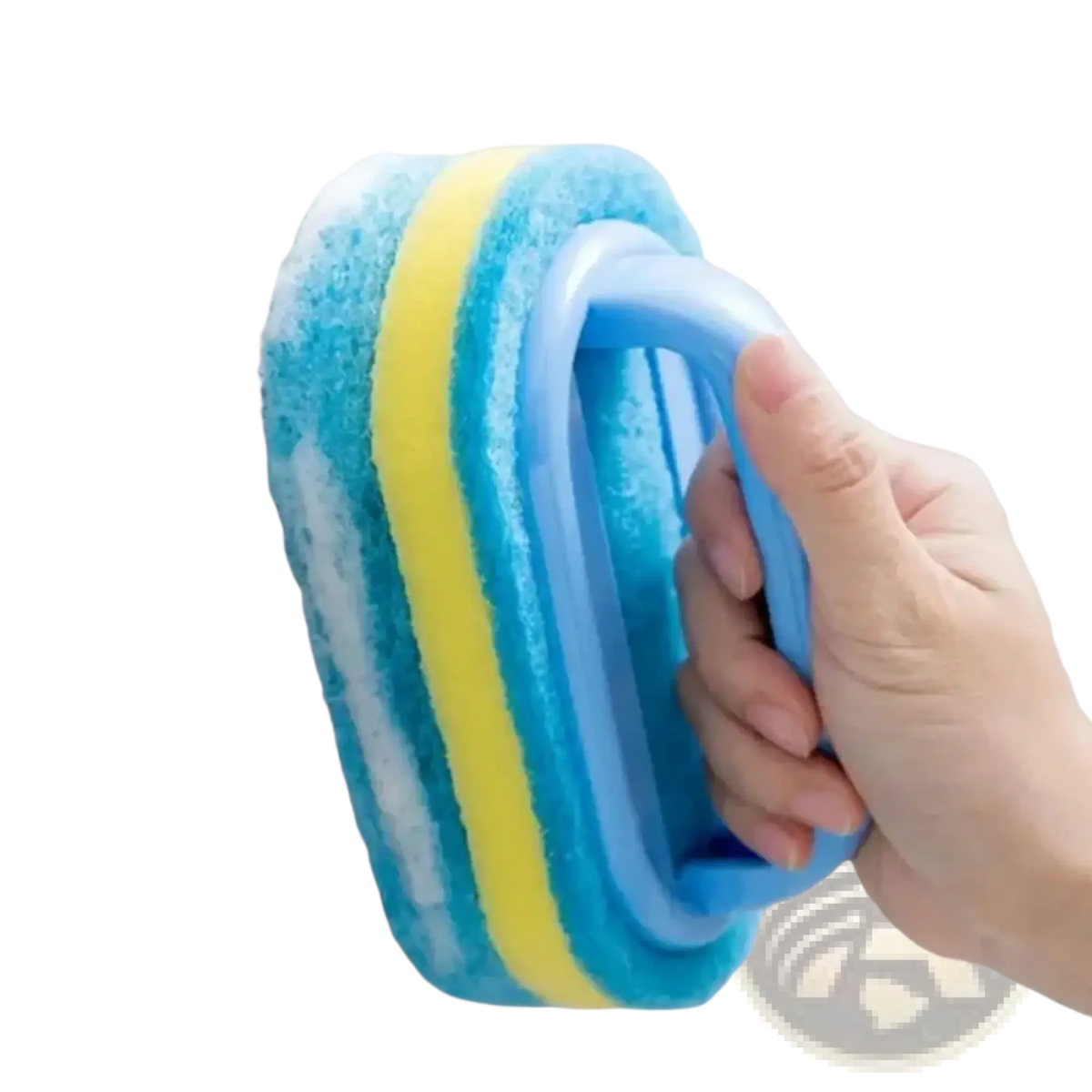 Cleaning sponge with handle featuring a blue and yellow sponge scrubber and a durable plastic handle for easy cleaning tasks