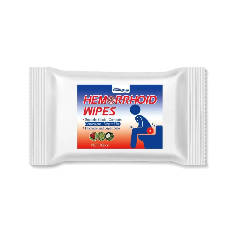 White packaged south moon antibacterial hemorrhoid relief wipes with blue red label and toilet illustration 20 count