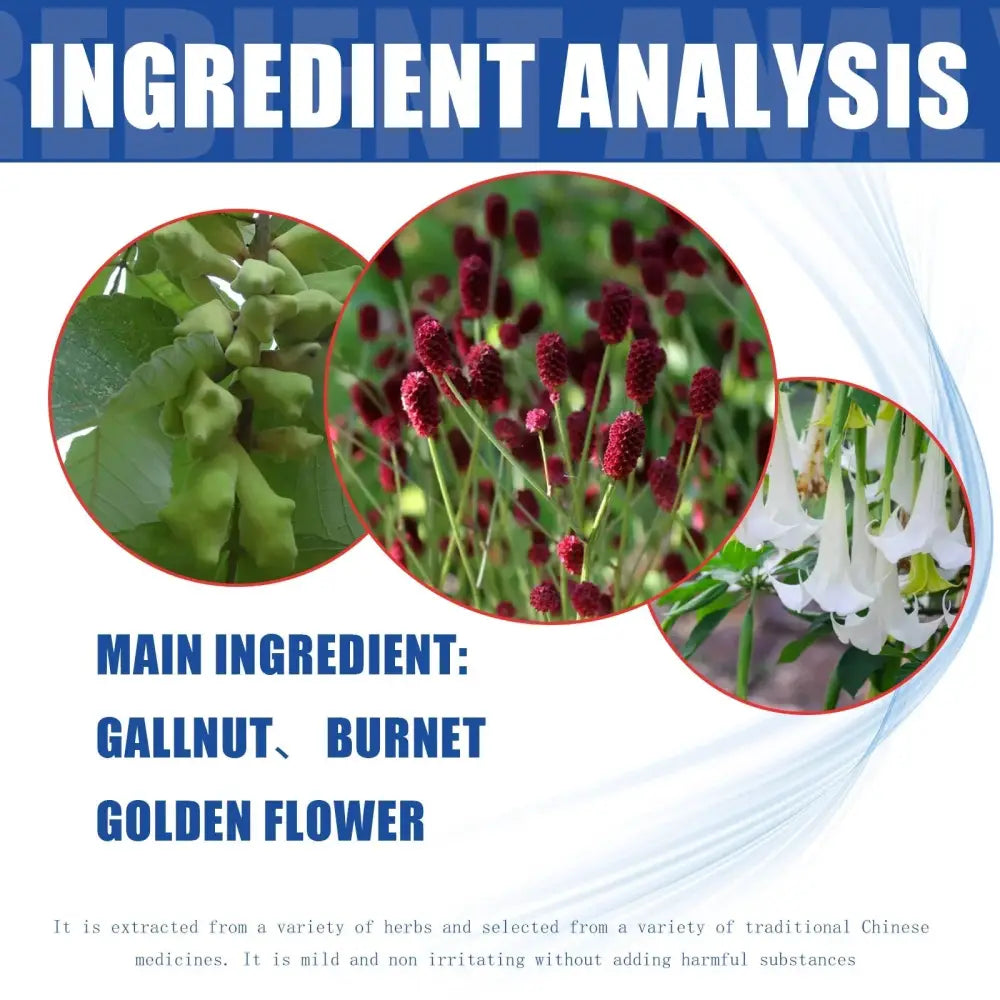 Botanical ingredient analysis graphic with green gallnut pods red burnet flowers and white golden flower for south moon antibacterial hemorrhoid relief wipes 20 count