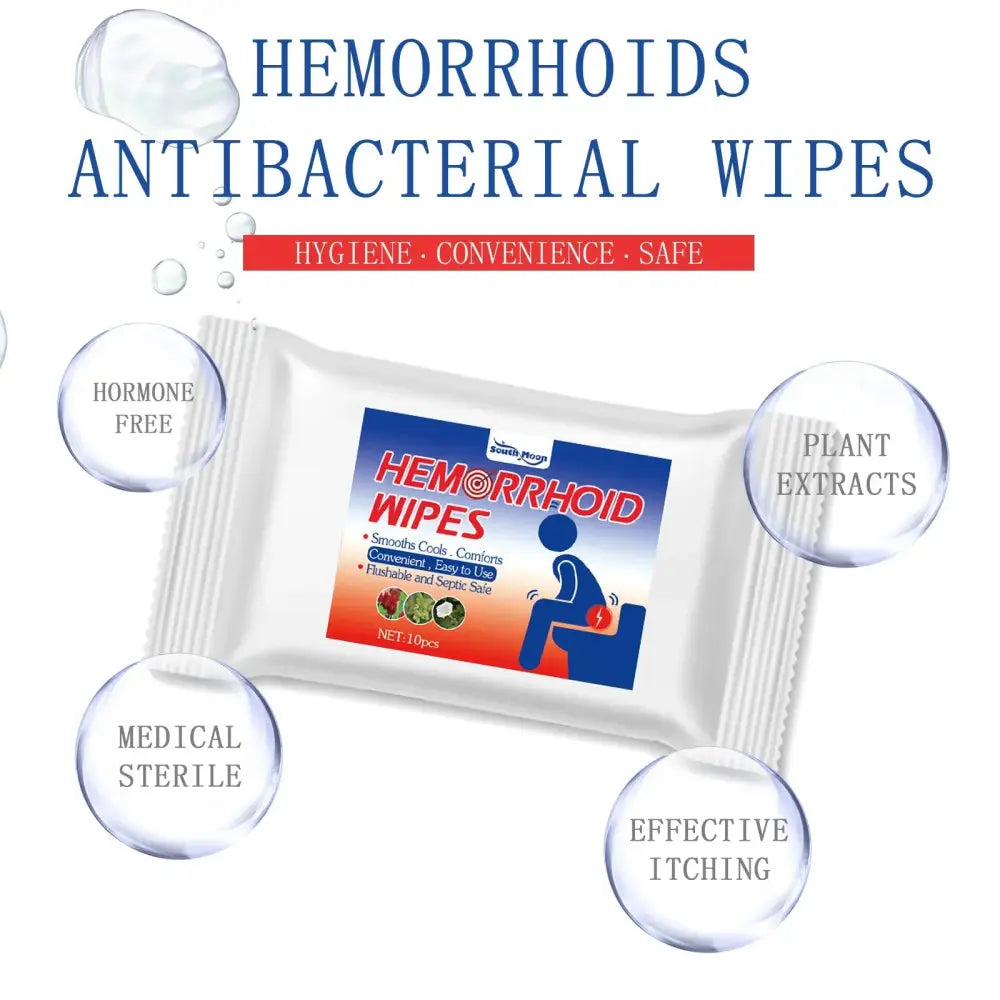 White package of South Moon antibacterial hemorrhoid relief wipes with blue and red label featuring cartoon illustration