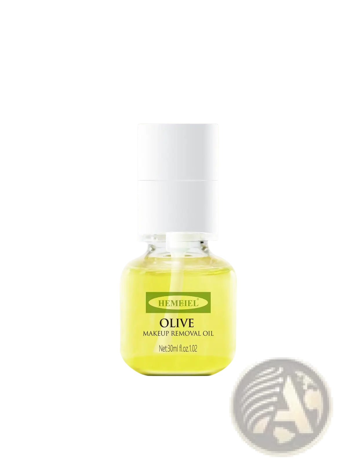 A clear glass bottle of hemeiel olive makeup removal oil in golden yellow with a white cap, 30ml cleansing oil