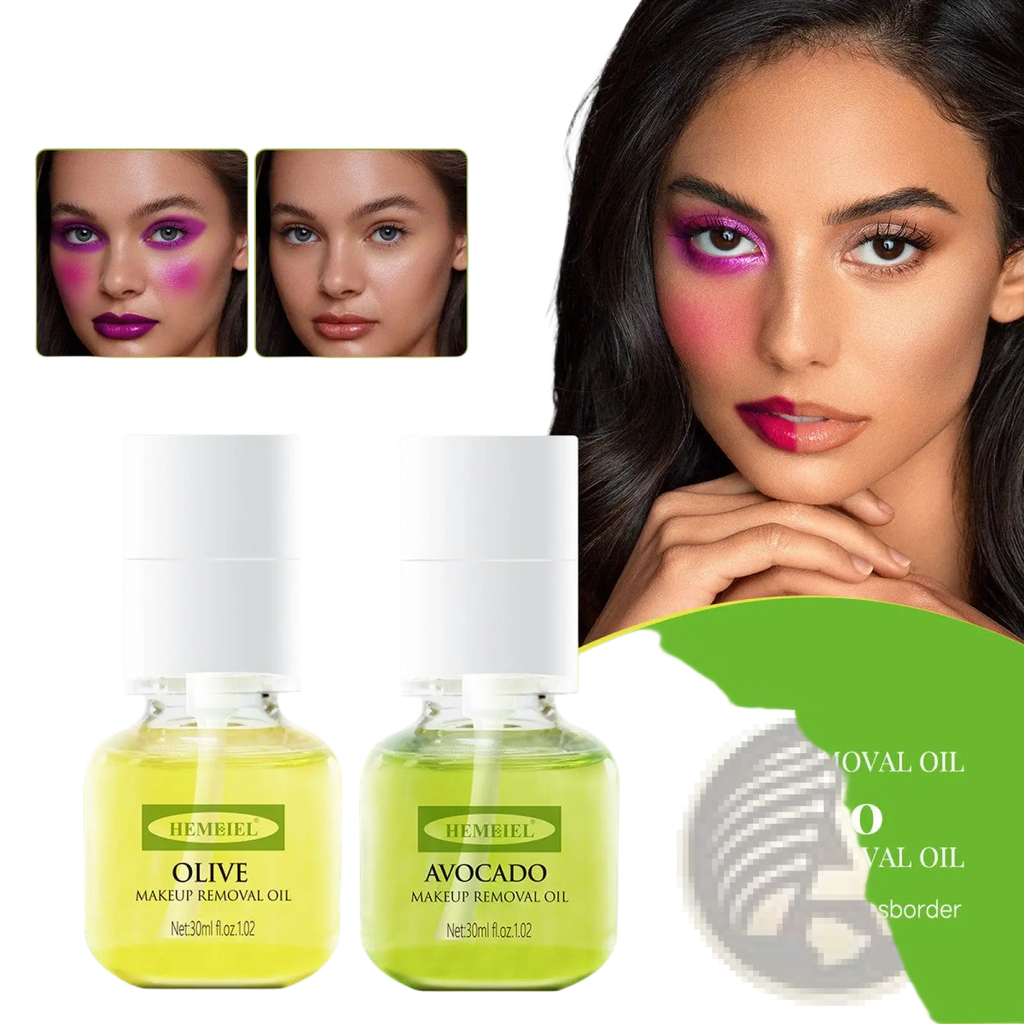 Two small transparent glass bottles with white caps labeled hemeiel containing pale yellow olive and avocado cleansing oil makeup remover 30ml