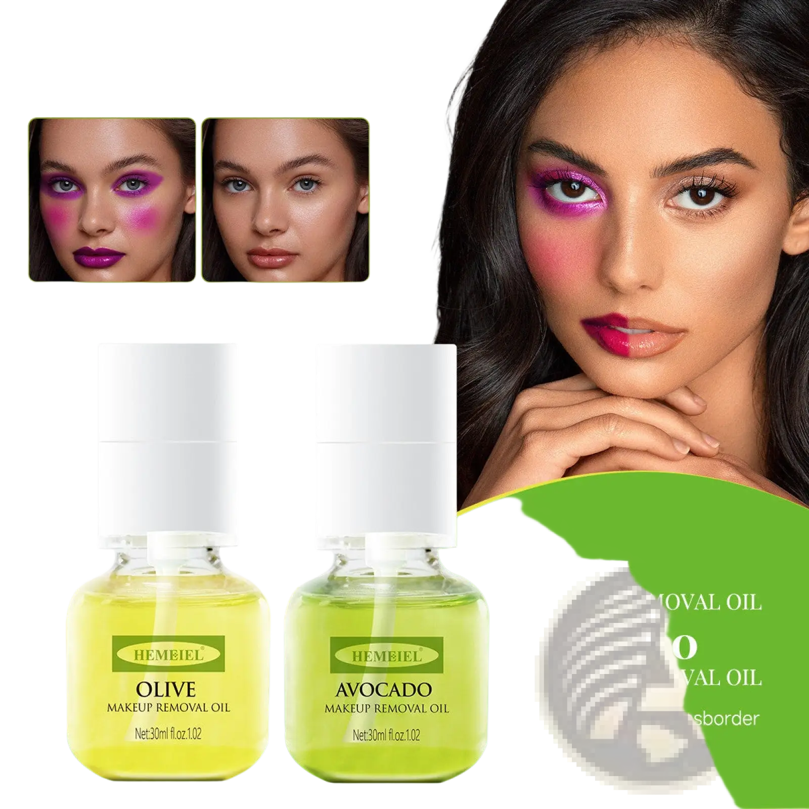 Two small transparent glass bottles with white caps labeled hemeiel containing pale yellow olive and avocado cleansing oil makeup remover 30ml
