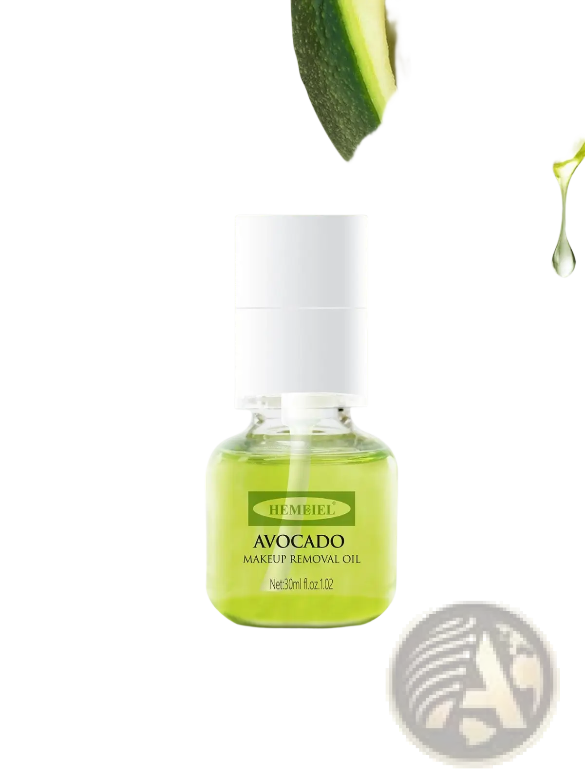 A clear glass bottle with white cap containing vibrant green hembiel avocado cleansing oil makeup remover 30ml