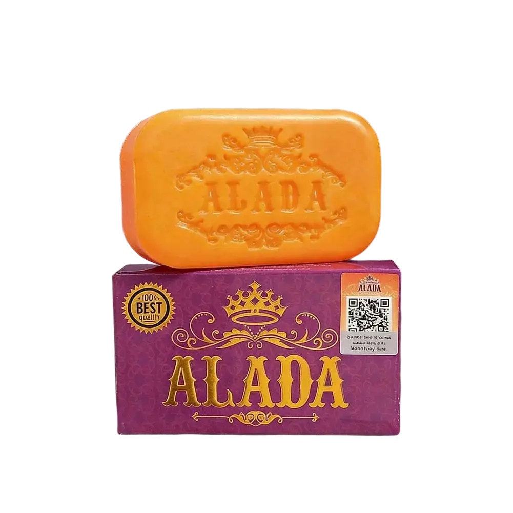 Orange alada cleansing soap bar with embossed crown on purple box for skin feeling bright and hydrated