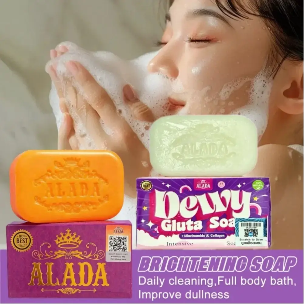A pale green rectangular alada dewy gluta cleansing soap bar embossed with branding beside an orange variant in purple packaging for skin feeling bright and hydrated