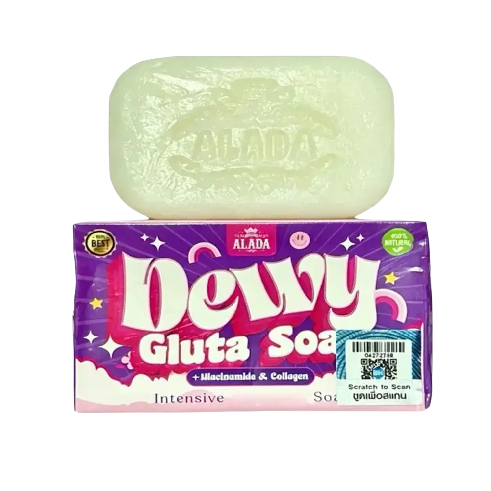 A pale green rectangular bar of alada dewy gluta cleansing soap on purple and pink packaging for skin feeling bright