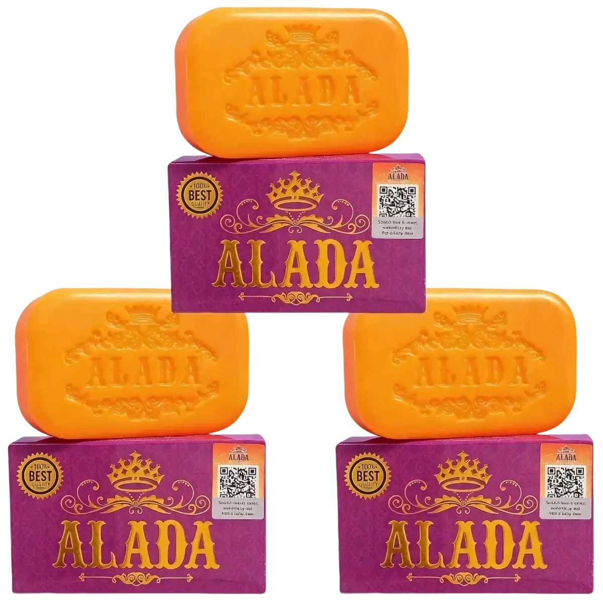 Vibrant orange alada cleansing soap bars with embossed crown and gold lettering on purple box for skin feeling bright and hydrated