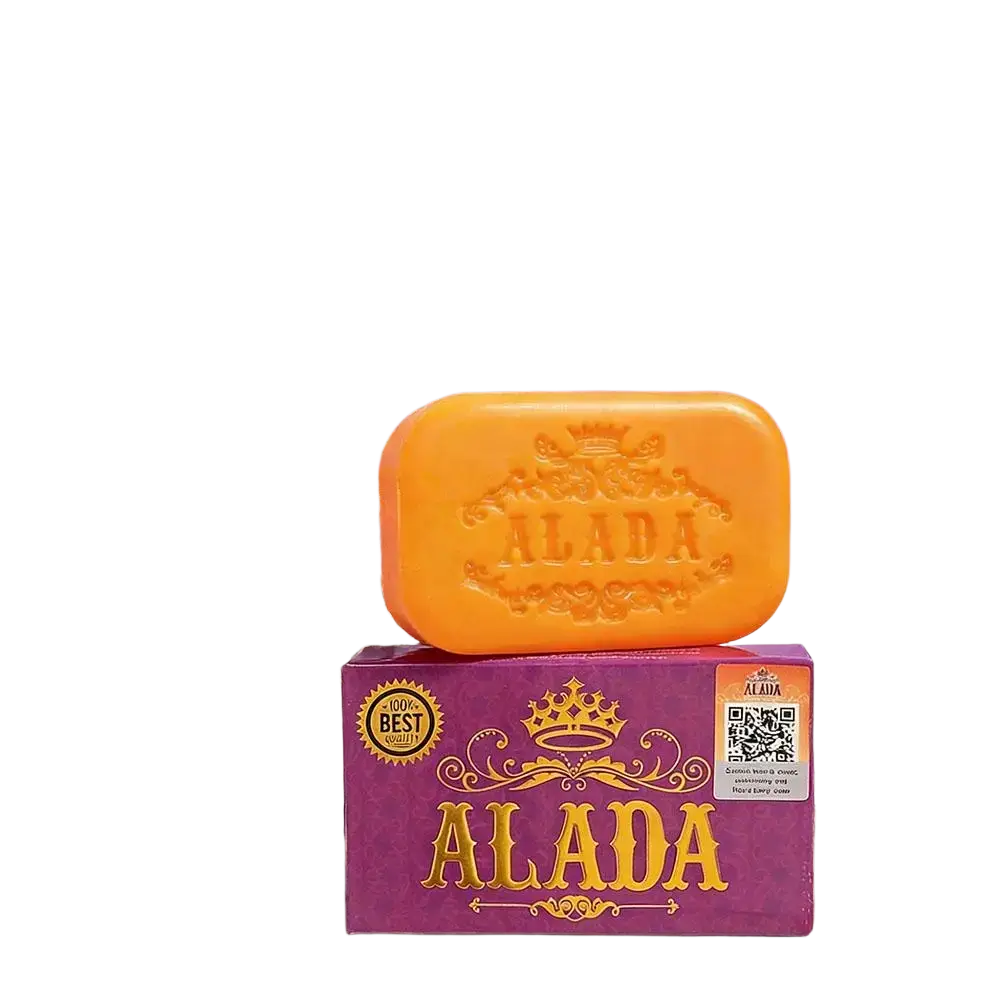 A vibrant orange cleansing soap bar with embossed crown and ornate design on purple packaging for skin feeling bright