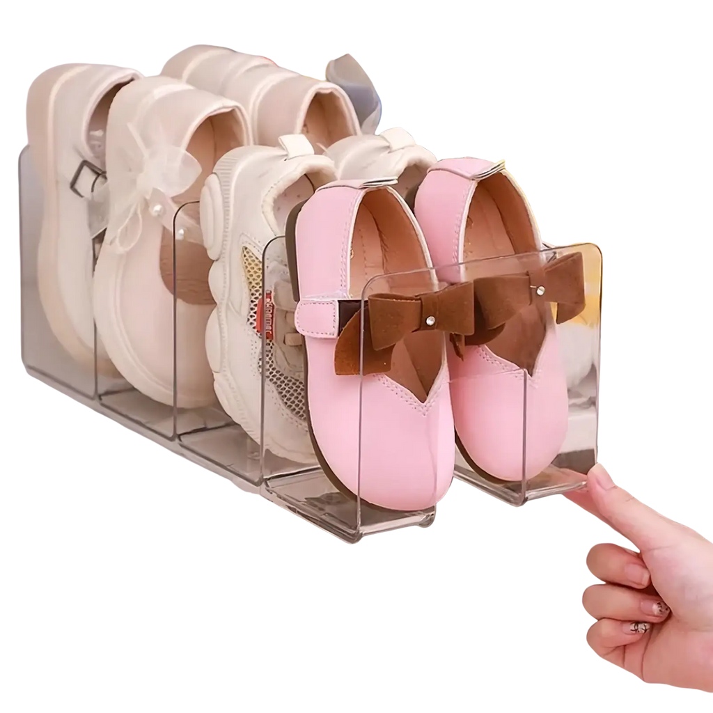 Clear acrylic baby shoe storage rack organizer holding a pair of pink shoes with brown bows