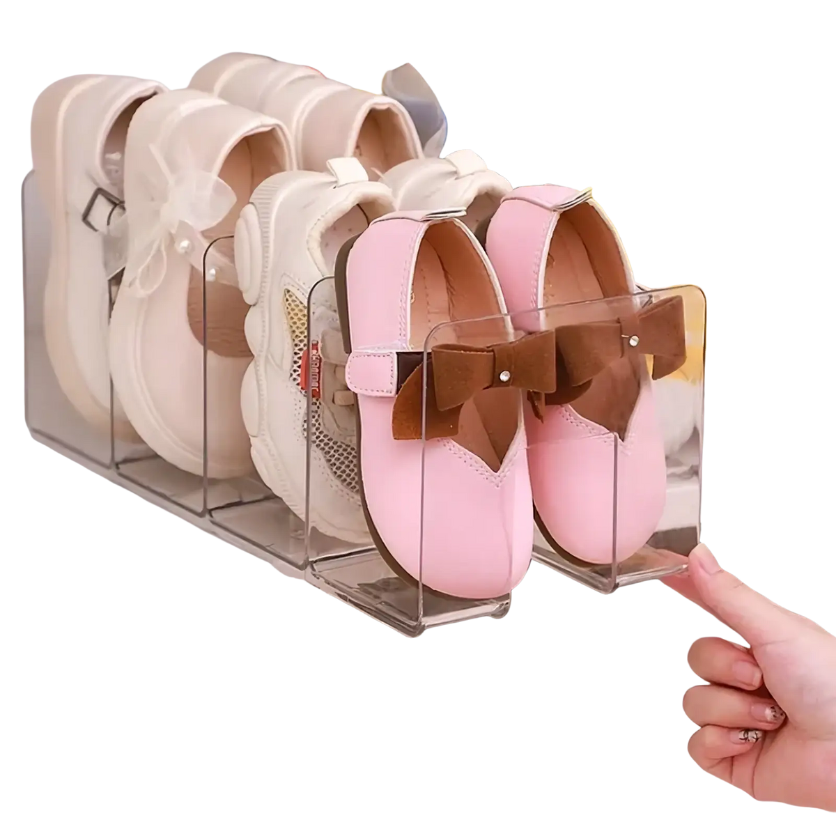 Clear acrylic baby shoe storage rack organizer holding a pair of pink shoes with brown bows