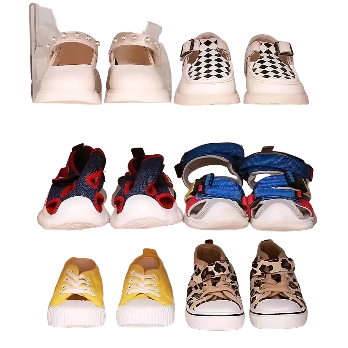 Clear acrylic baby shoe storage rack organizer neatly holds various colored and patterned children’s shoes