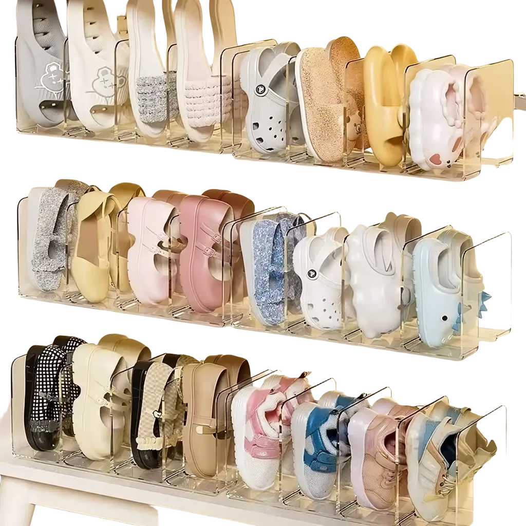 Clear acrylic baby shoe storage rack organizer holding colorful patterned shoes in a transparent shoe organizer