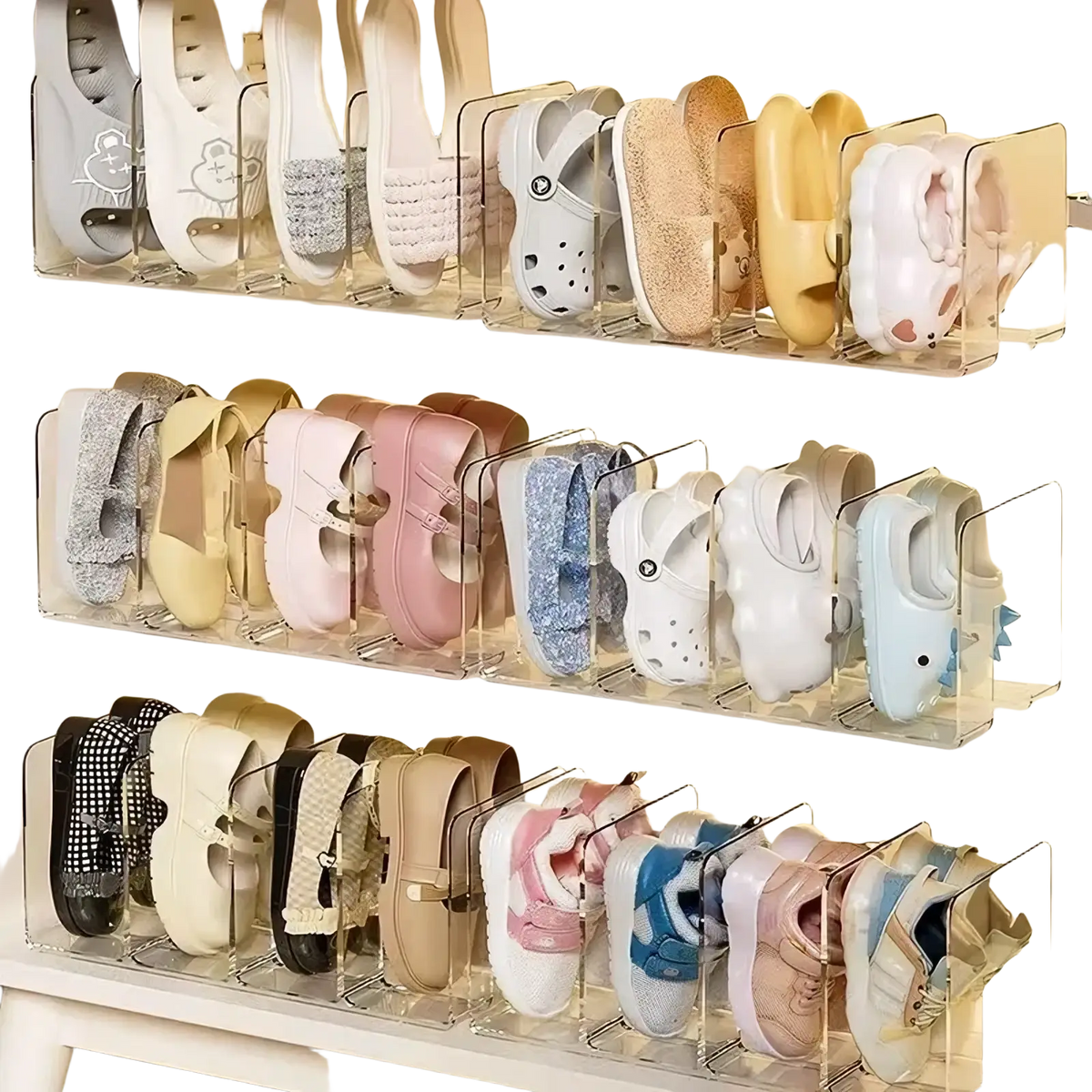 Clear acrylic baby shoe storage rack organizer holding colorful patterned shoes in a transparent shoe organizer