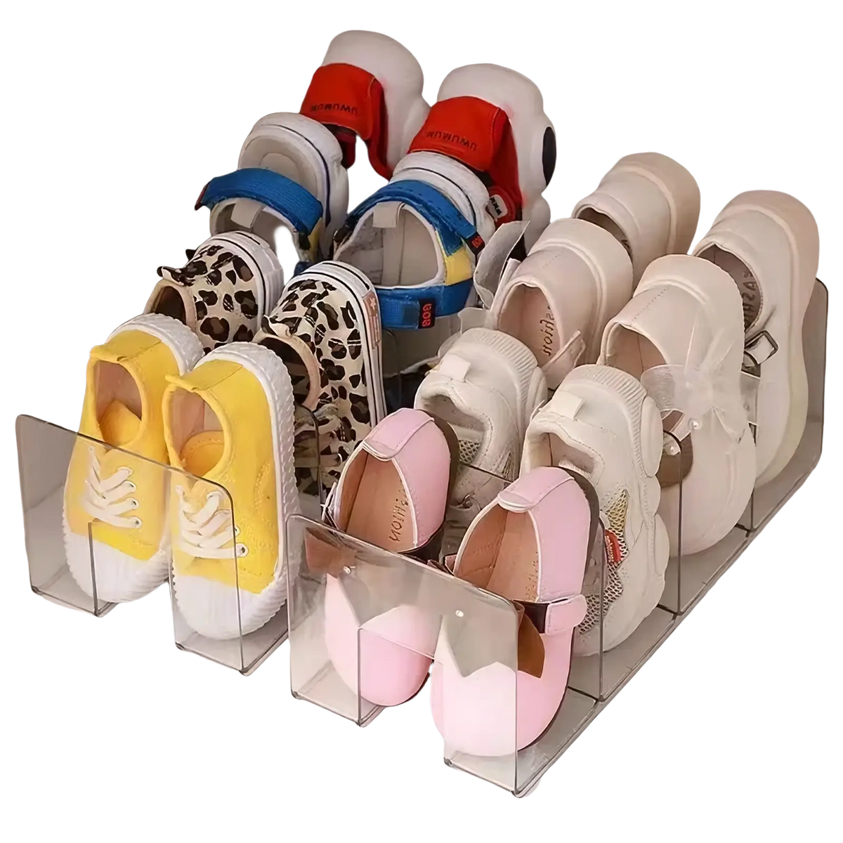Clear acrylic baby shoe storage rack organizer holding multiple pairs of colorful children’s shoes