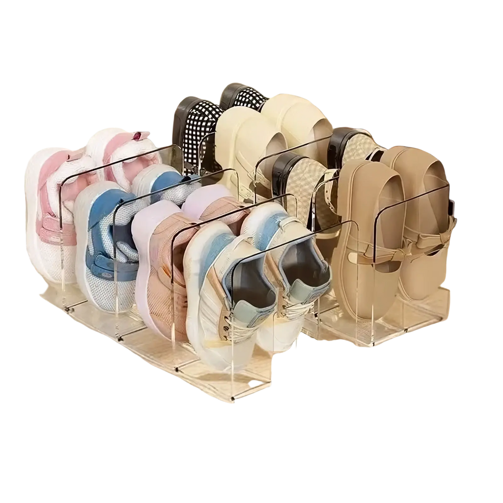 Clear acrylic baby shoe storage rack organizer holding multiple pairs of colorful sneakers and flats