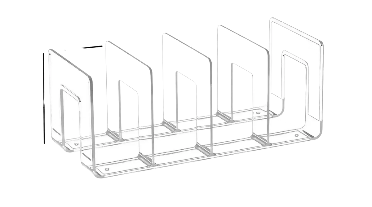 Clear acrylic baby shoe storage rack organizer with five compartments measuring 25.5cm by 10cm